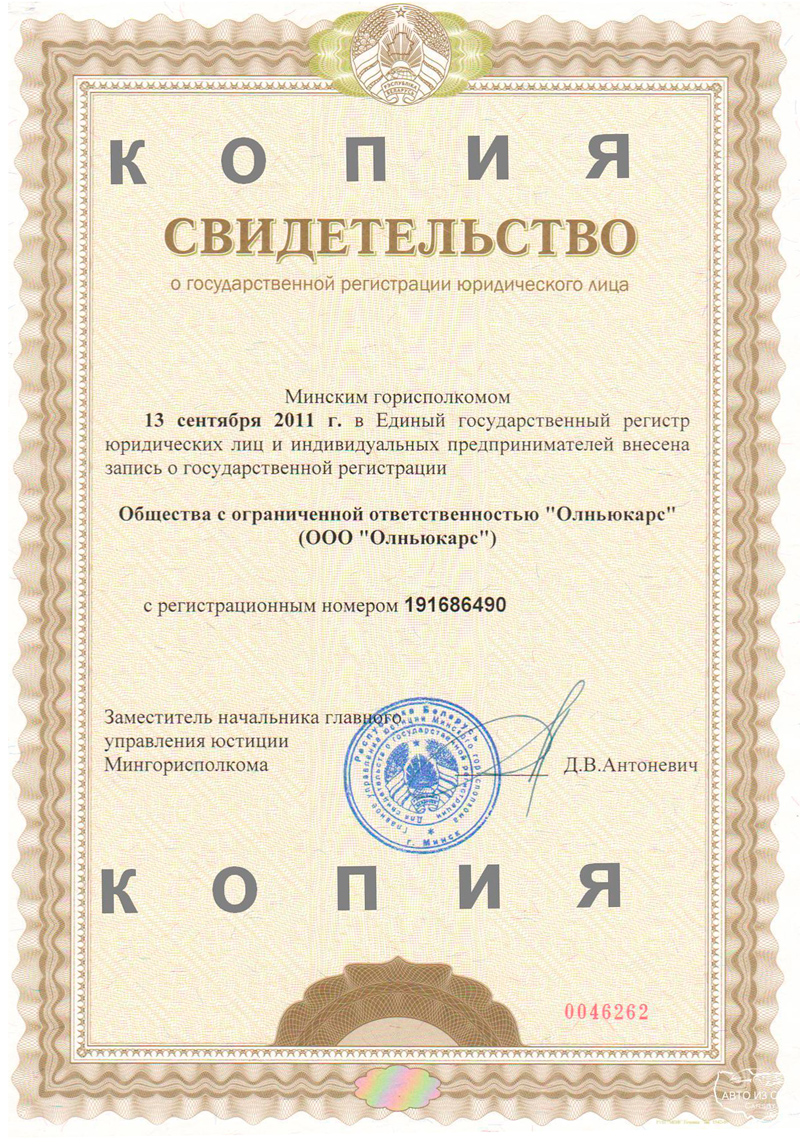 Свидетельство ООО Олньюкарс